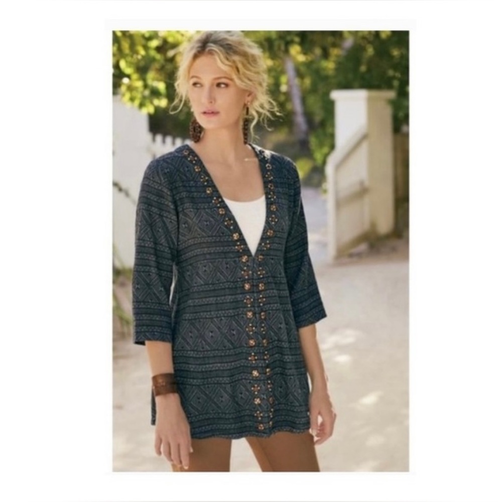 SOFT SURROUNDINGS Beatrice Topper Beaded Trim Dark Gray Tribal Print Cardigan(L)